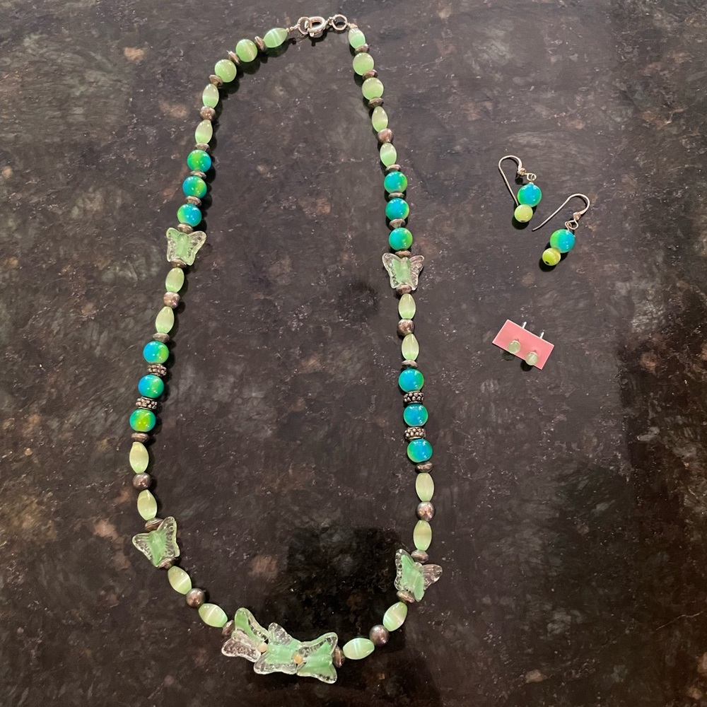 Y2K beaded butterfly necklace and earrings